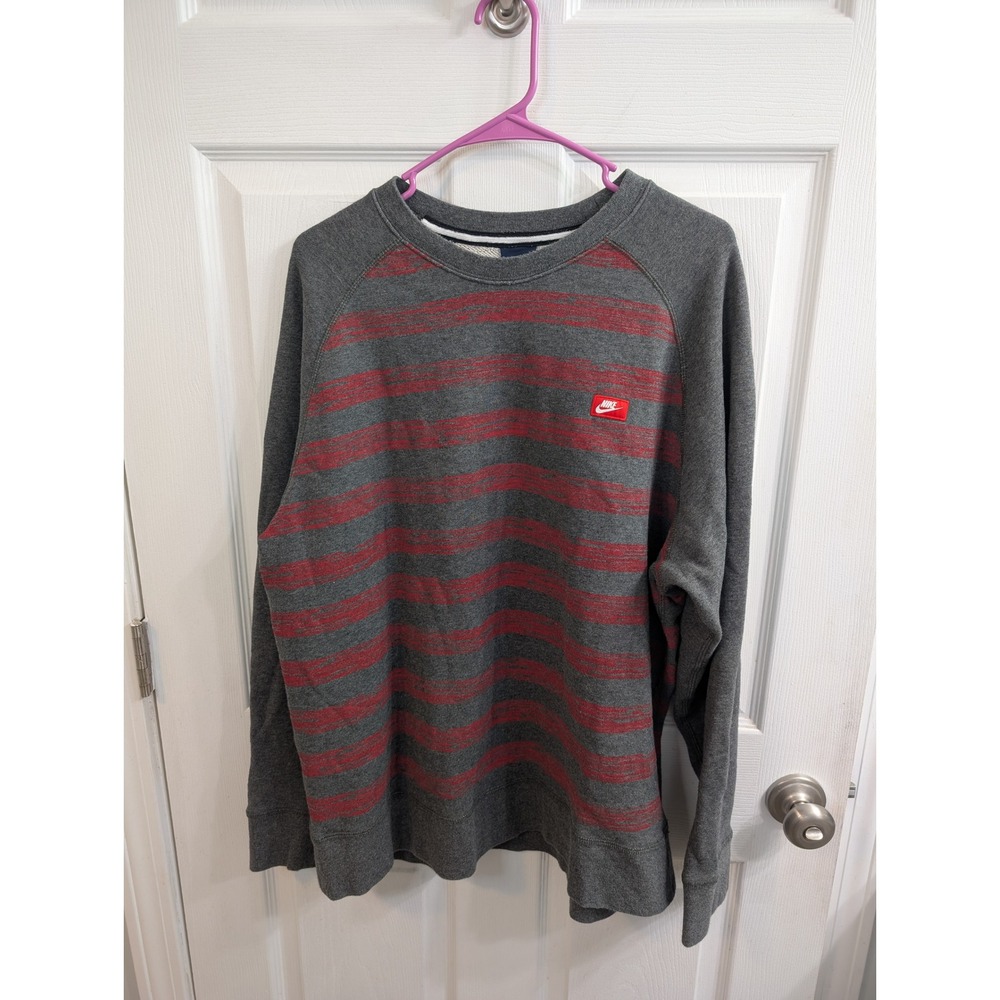 Nike Striped Crewneck‎ Sweatshirt Mens Grey Red Raglan French Terry - Size XXL
